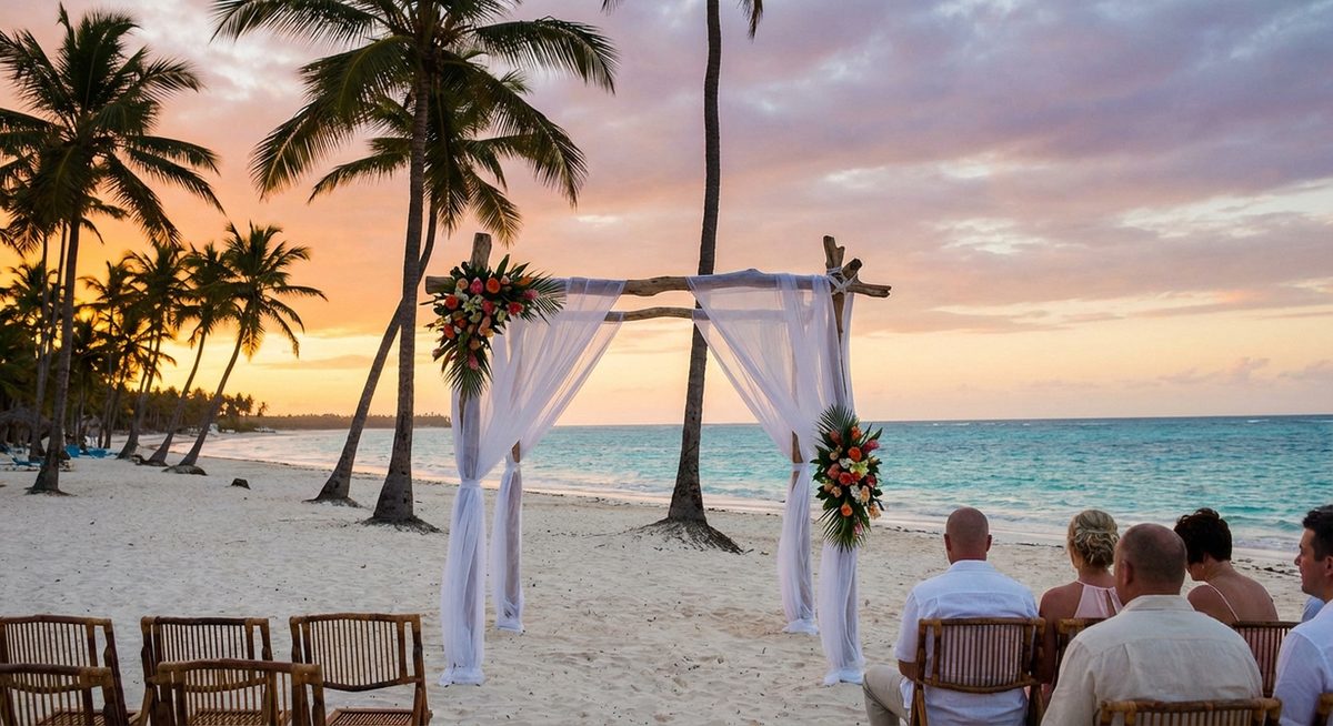 Svatba v Dominikánské republice – pláž s kokosovými palmami při západu slunce