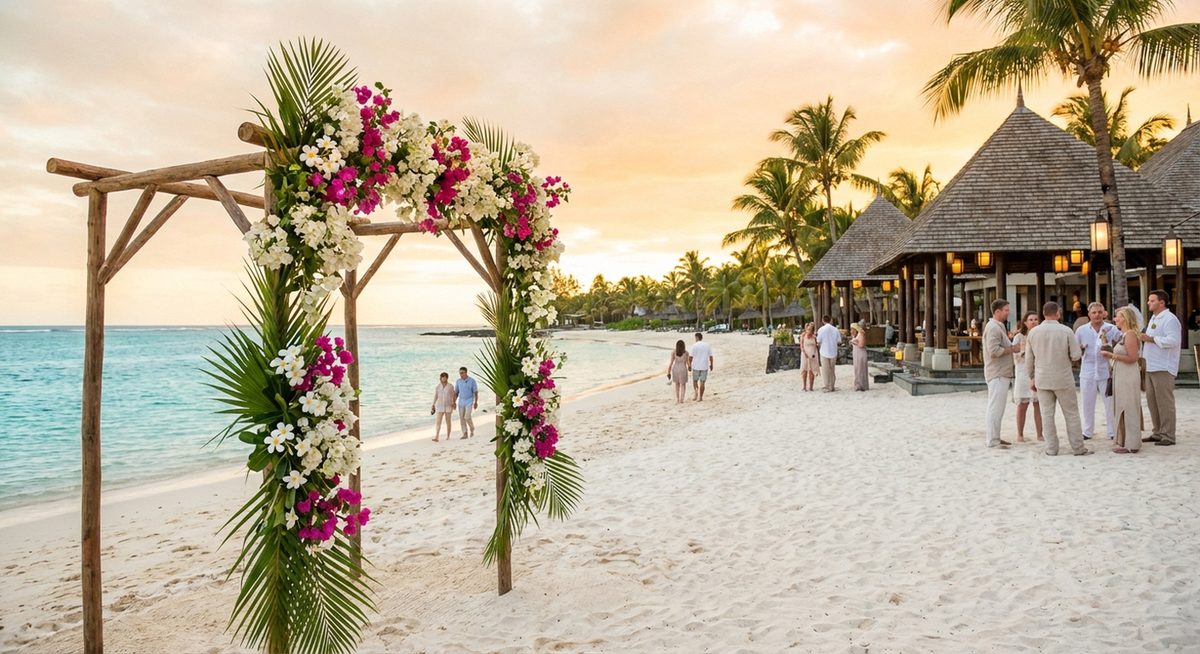 Svatba na Mauriciu – tropická pláž s palmami a tyrkysovým oceánem
