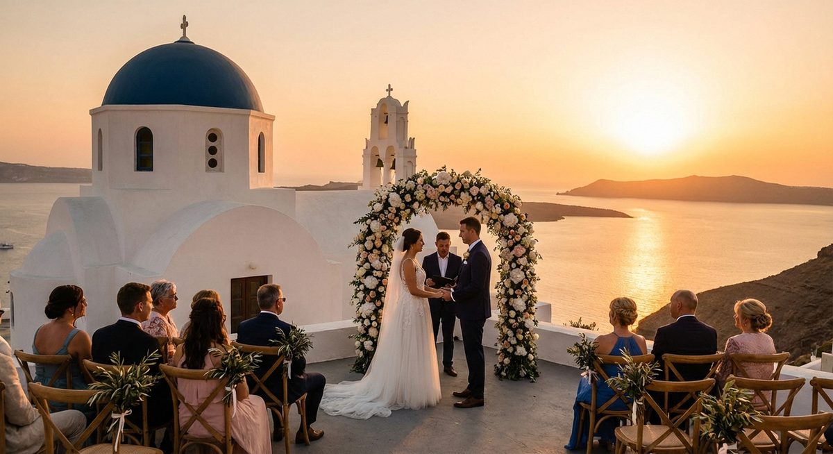 Svatba v Řecku – bílý kostelík na ostrově Santorini s výhledem na moře
